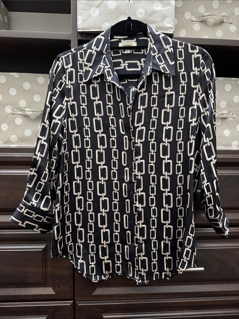 L’AGENCE Black & ivory Chain-Link Button Down silk blouse